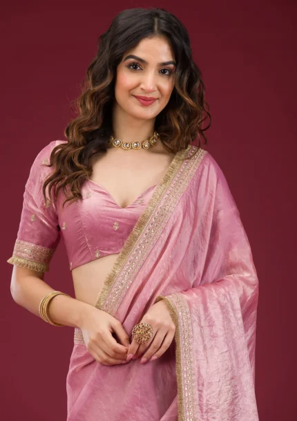 Onion Pink Mirrorwork Tissue Saree