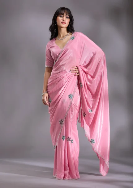 Pink Silver Stonework Satin Saree